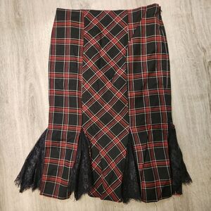 Bebe Plaid Pencil Skirt with Lace Flounce Hem – Size 4